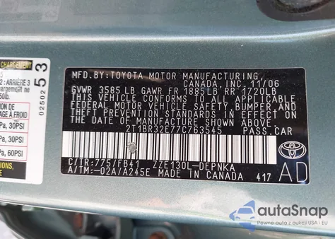 2007 Toyota Corolla Le из США, поврежденный, VIN 2T1BR32E77C763545